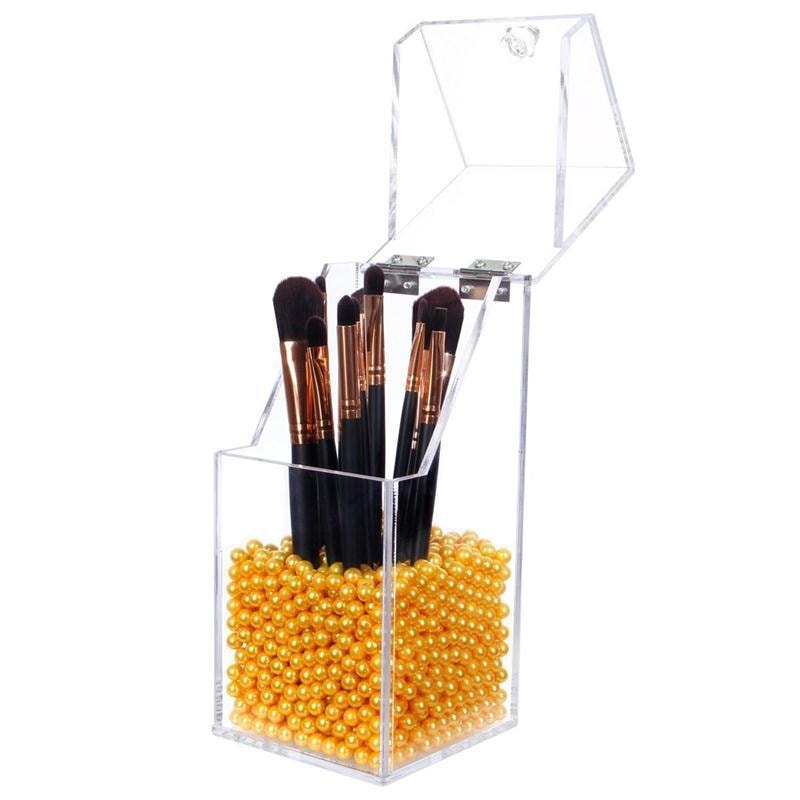Makeup Brush Holder Dustproof Storage Box Premium Quality 5mm Thick Acrylic Makeup Organizer with Gold Pearl Small