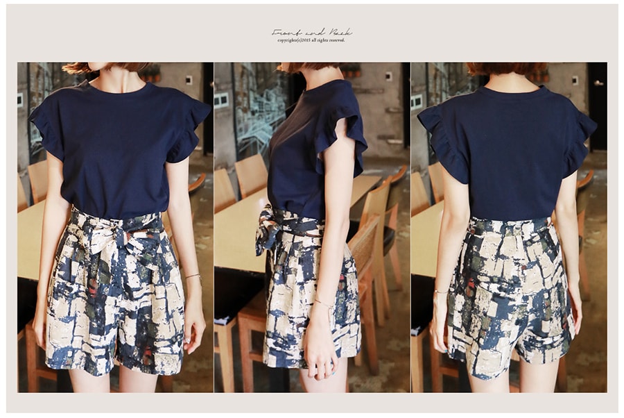 [Special Offer] Ivory Ruffle Tee and Floral Pattern Ribbon Belt shorts Combine-2 pieces Set One Size(M/55)
