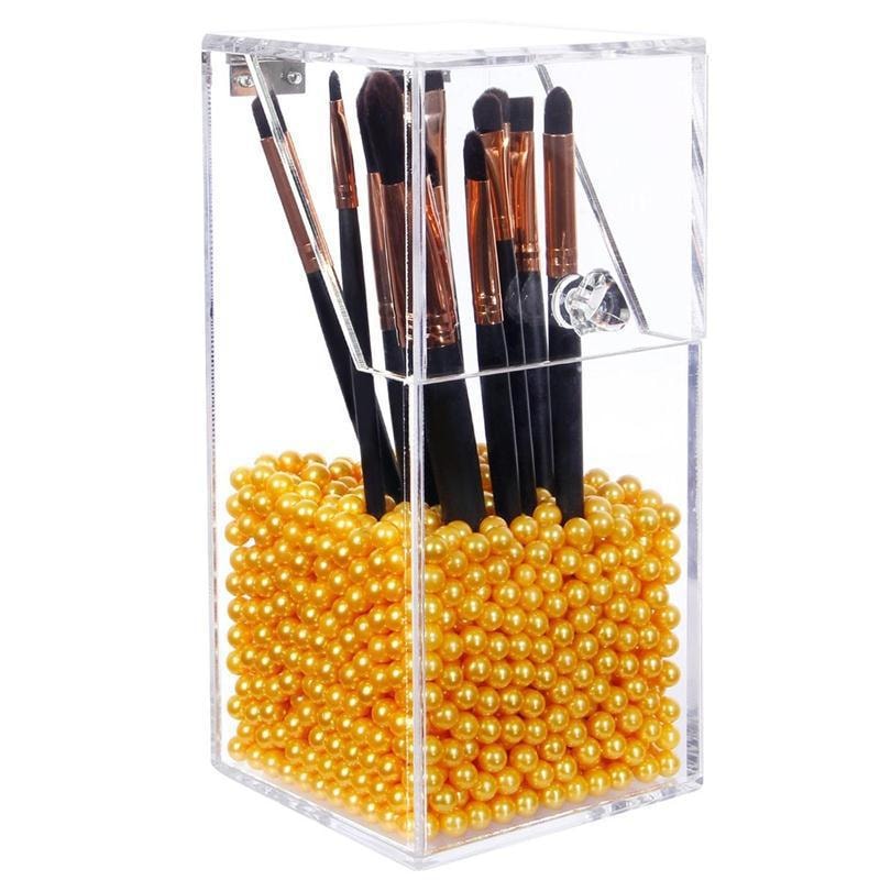 Makeup Brush Holder Dustproof Storage Box Premium Quality 5mm Thick Acrylic Makeup Organizer with Gold Pearl Small