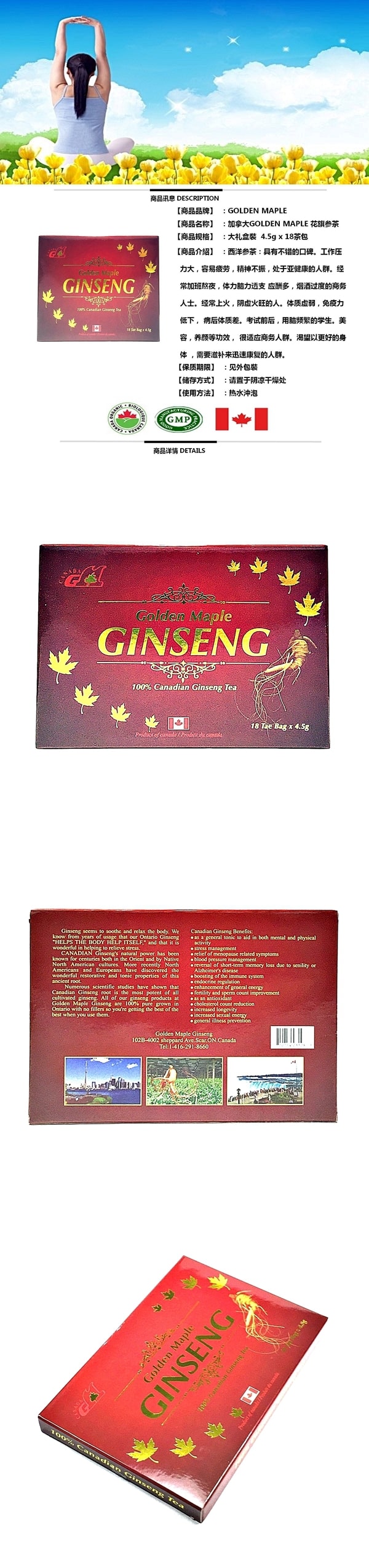 加拿大GOLDEN MAPLE 花旗参茶 大礼盒裝  4.5g x 18茶包