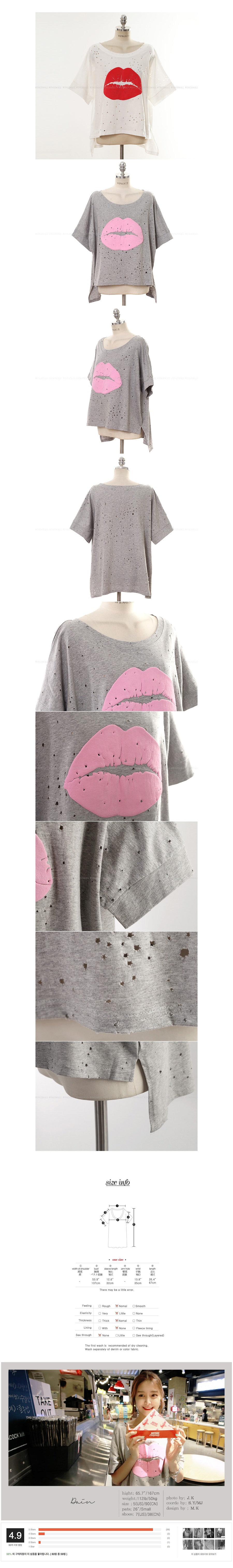 [Best Seller] Embossed Lip Print Distressed T-shirt White One Size(Free)