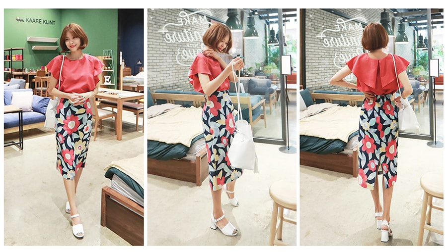 KOREA Wings Shirring Blouse+Linen Floral Skirt 2 pieces One Size(S-M) [Free Shipping]