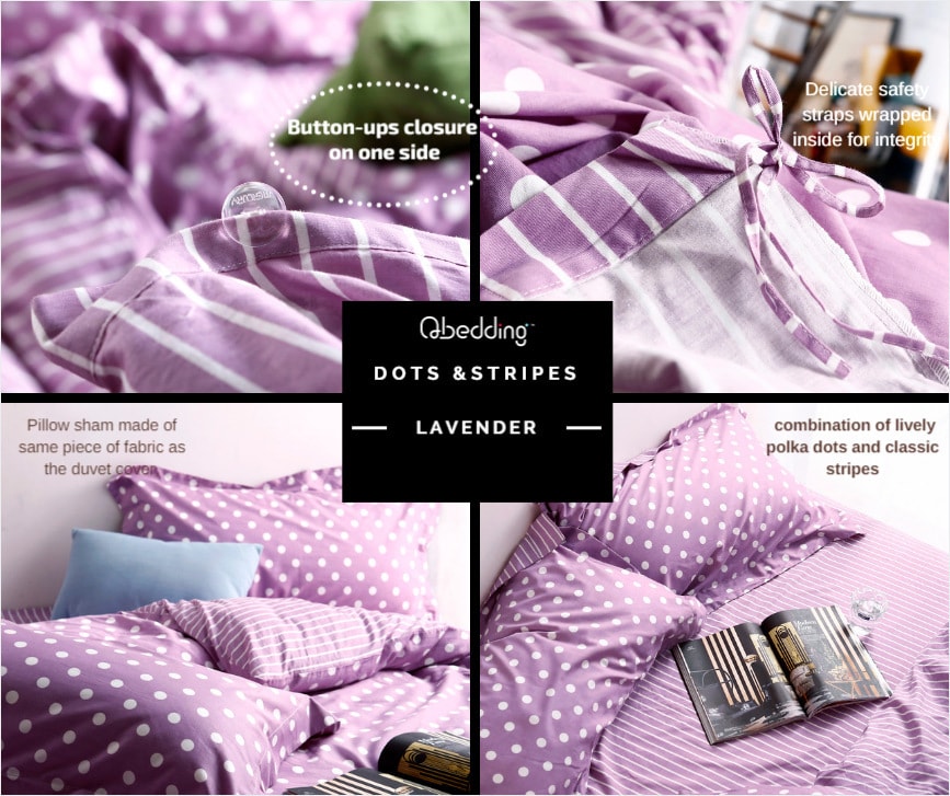 Dots and Stripes 100% Cotton Duvet Cover Set #Lavender Queen Size