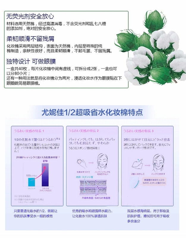 日式UNICHARM 尤妮佳1/2超吸收省水彩妝卸妝棉 40枚