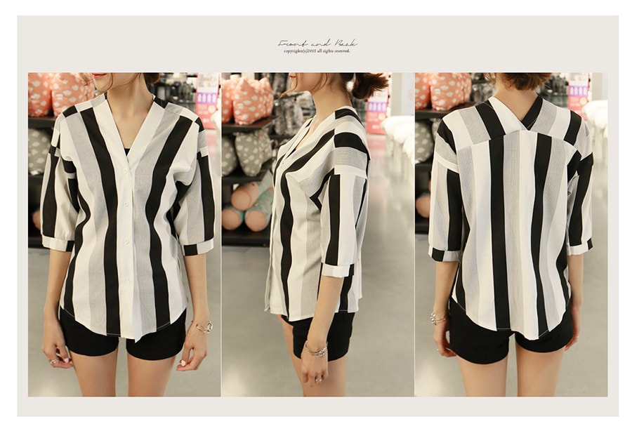 [Special Offer] V-neck Color Block Button Blouse Shirt Black One Size(S-M)