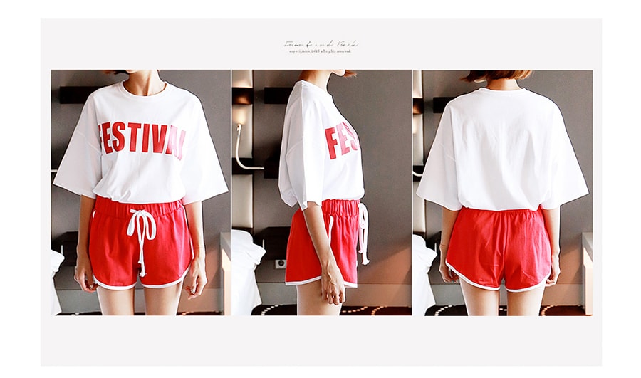 FESTIVAL Letter Print Cotton T-shirt and Shorts-Casual 2 pieces Set One Size(S-M)