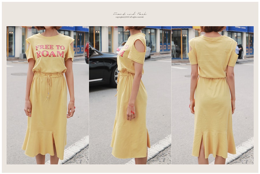 KOREA Daily Casual Cutout Flare Dress Yellow One Size(S-M) [Free Shipping]