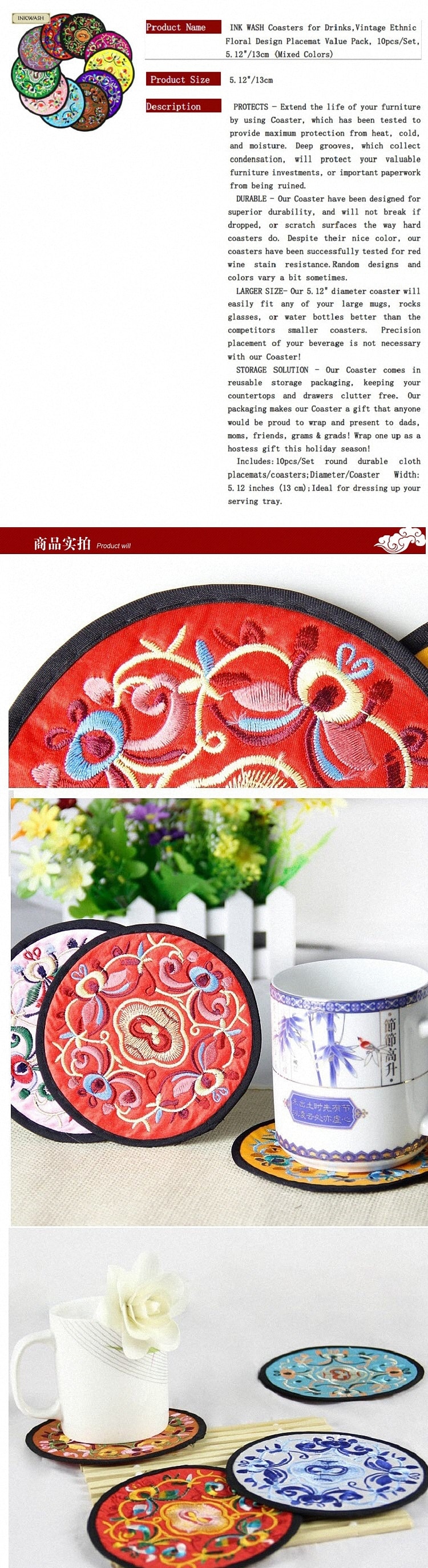 Coasters for DrinksVintage Ethnic Floral Design Placemat Value Pack 10pcs