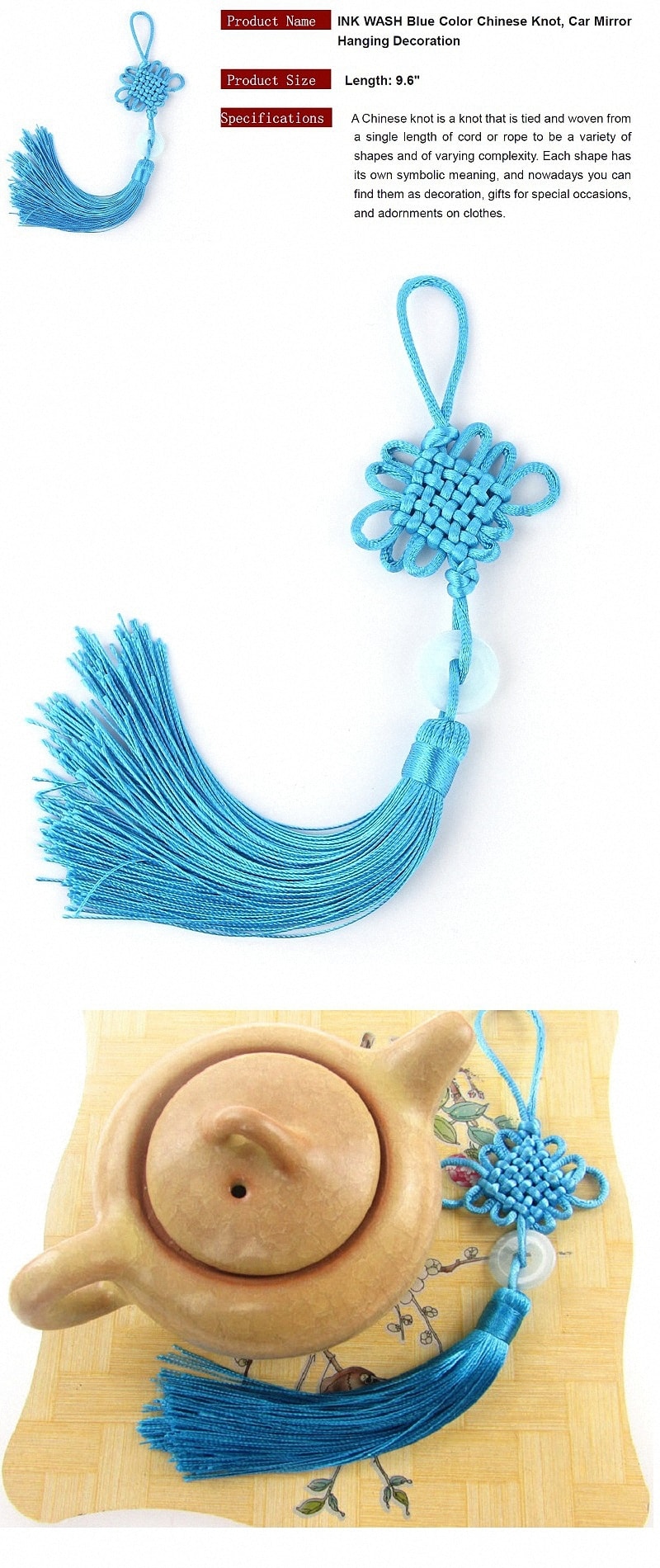 INK WASH Blue Color Chinese Knot Car Mirror Hanging Decoration