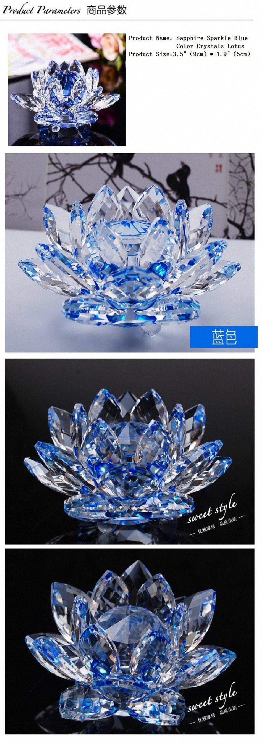 INK WASH Sapphire Sparkle Blue Color Feng Shui Crystals Lotus