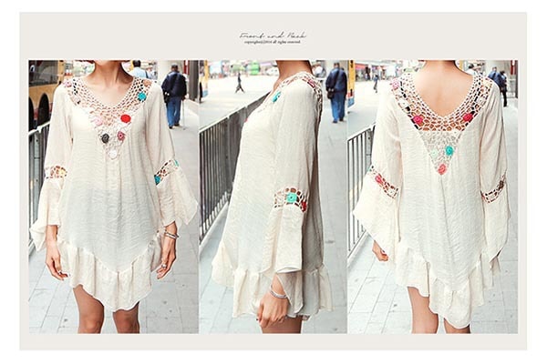 KOREA Crochet Bell Sleeve Ruffle Blouse Beige One Size(S-M) [Free Shipping]